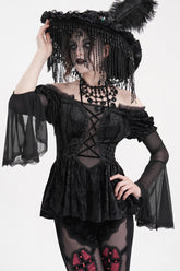 Black Halterneck Long Sleeves Hollow Lace-Up Mesh Women's Gothic Blouse